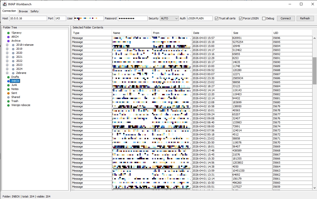 IMAP Workbench — widok skrzynki