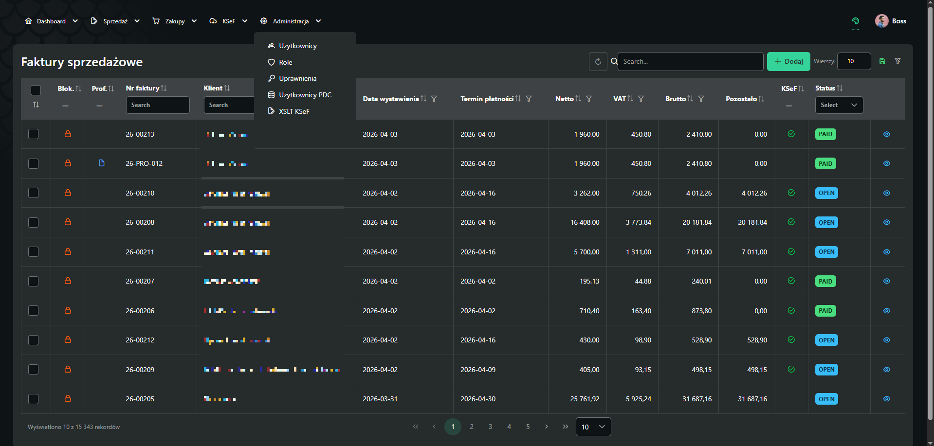System PowerERP — lista faktur